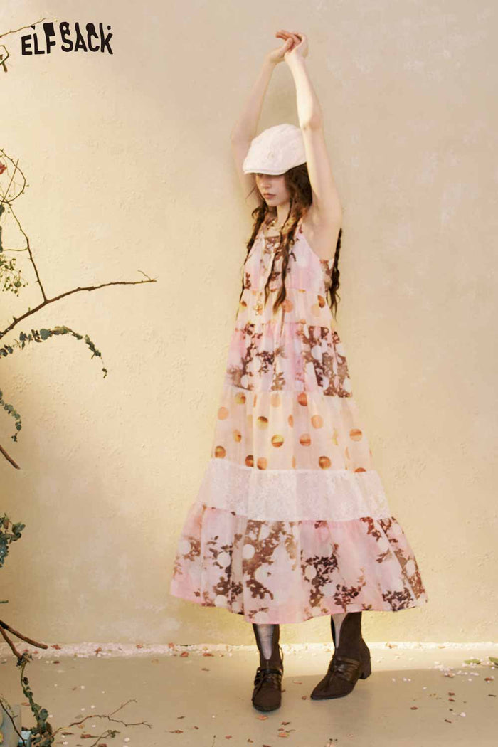 ELFSACK Floral Patchwork Tiered Maxi Slip Dress