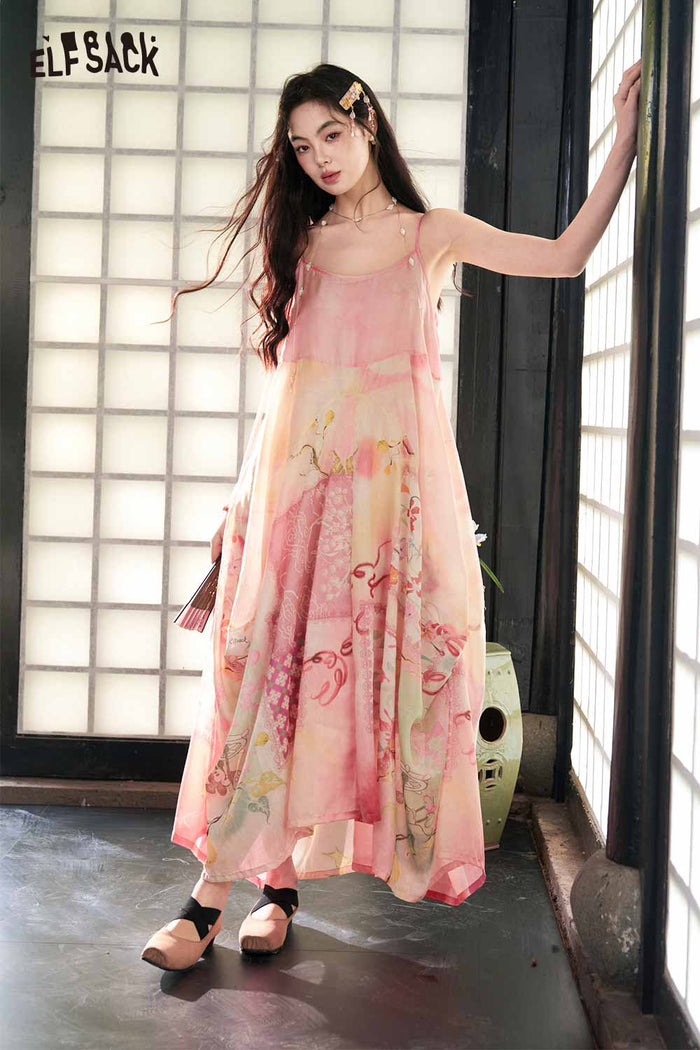 ELFSACK Floral Print Asymmetrical Hem Slip Dress