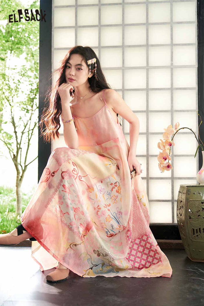 ELFSACK Floral Print Asymmetrical Hem Slip Dress