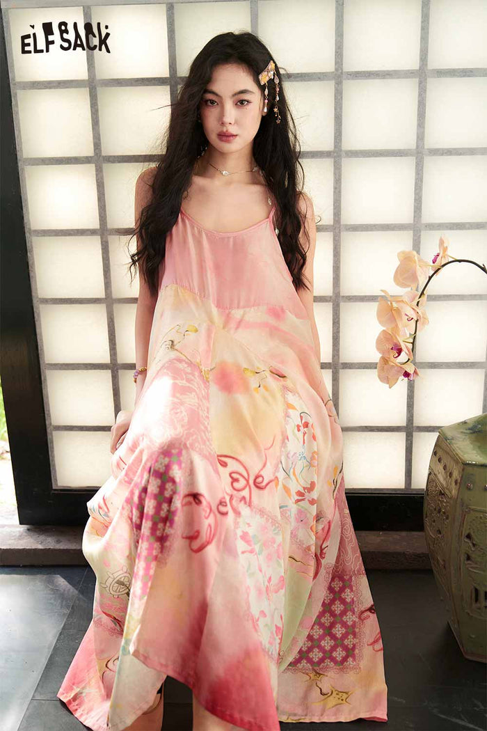 ELFSACK Floral Print Asymmetrical Hem Slip Dress