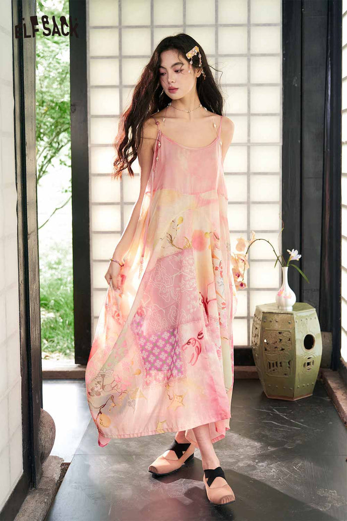 ELFSACK Floral Print Asymmetrical Hem Slip Dress