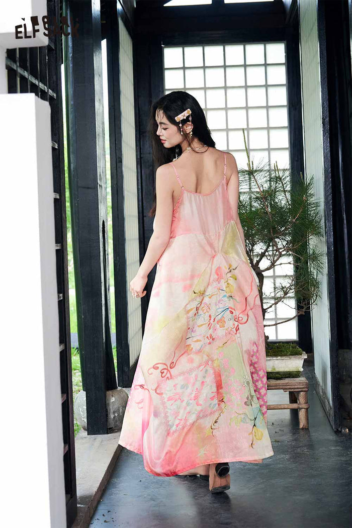 ELFSACK Floral Print Asymmetrical Hem Slip Dress