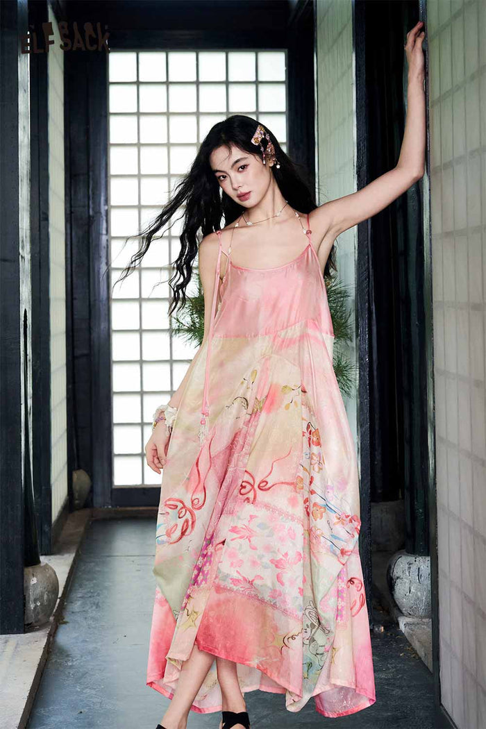 ELFSACK Floral Print Asymmetrical Hem Slip Dress