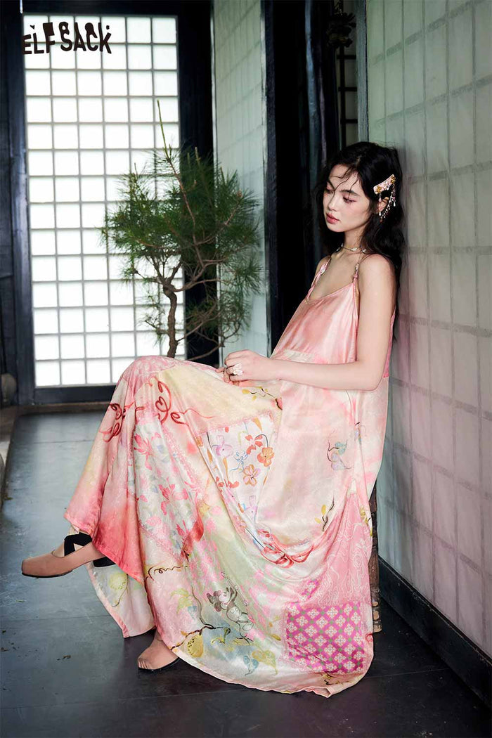 ELFSACK Floral Print Asymmetrical Hem Slip Dress