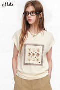 ELFSACK Floral Print Cap Sleeve Crew Neck T-Shirt