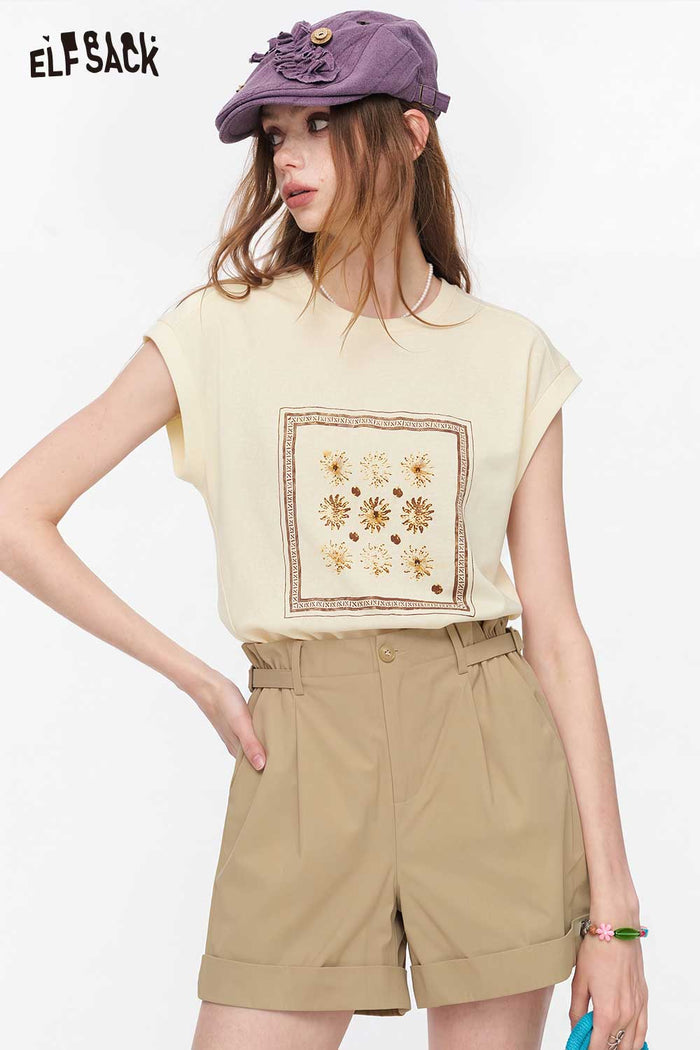 ELFSACK Floral Print Cap Sleeve Crew Neck T-Shirt