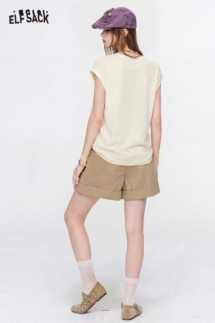 ELFSACK Floral Print Cap Sleeve Crew Neck T-Shirt