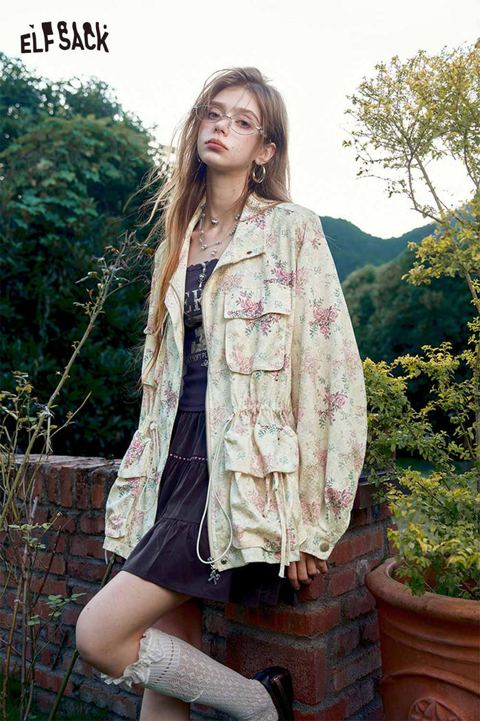 Floral Print Drawstring Waist Trench Coat