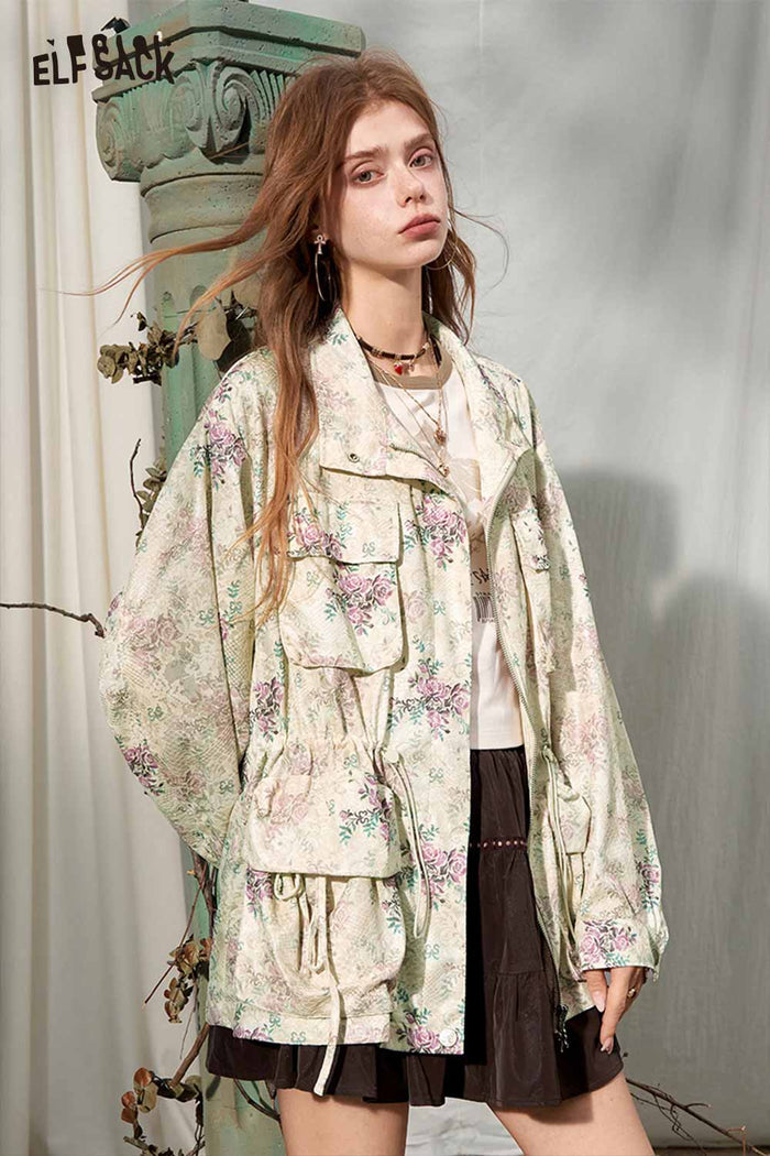 Floral Print Drawstring Waist Trench Coat