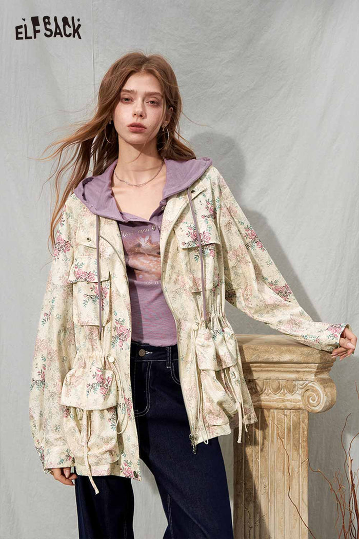 Floral Print Drawstring Waist Trench Coat