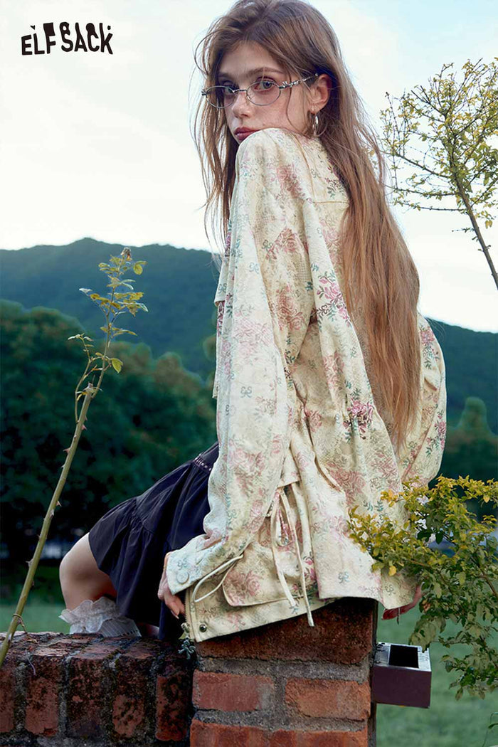 Floral Print Drawstring Waist Trench Coat