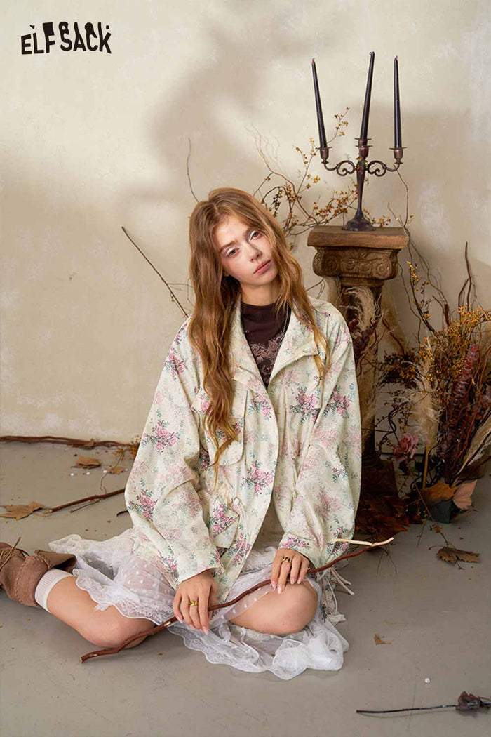 Floral Print Drawstring Waist Trench Coat