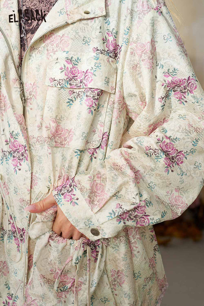Floral Print Drawstring Waist Trench Coat