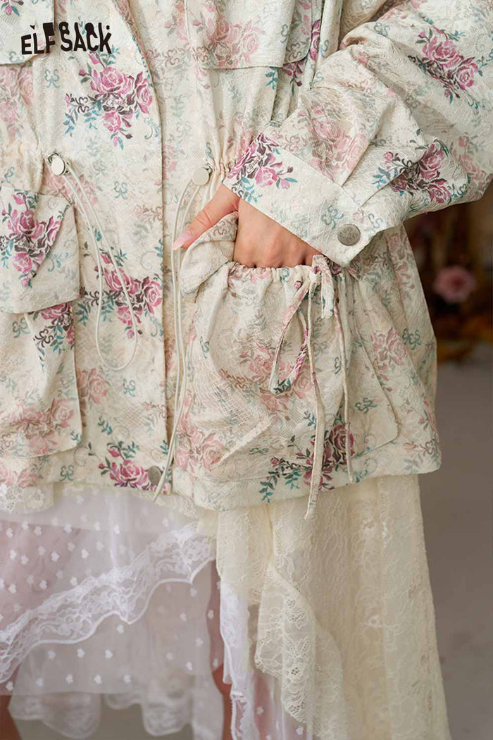 Floral Print Drawstring Waist Trench Coat