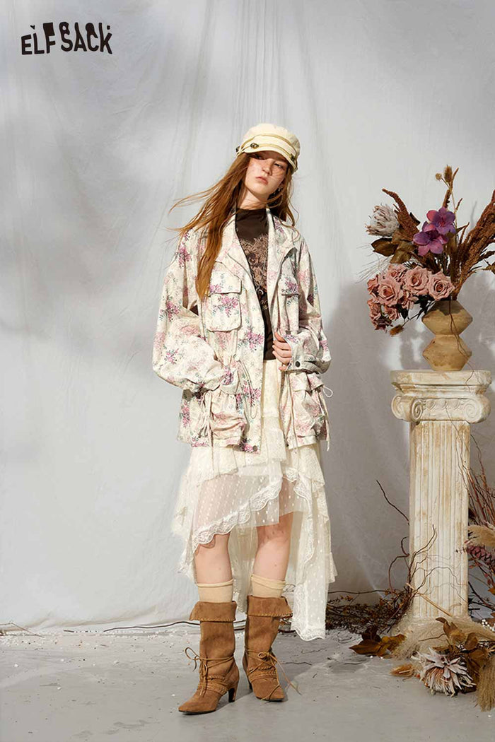 Floral Print Drawstring Waist Trench Coat