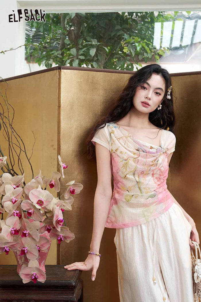 ELFSACK Floral Print Lace Beaded Cowl Neck Top