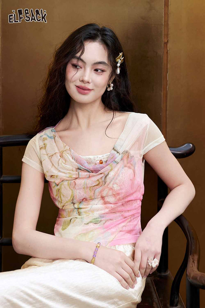 ELFSACK Floral Print Lace Beaded Cowl Neck Top