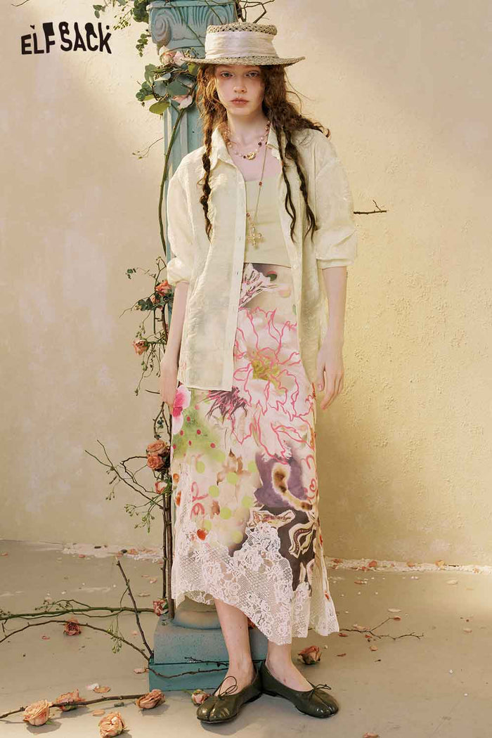 Floral Print Lace Midi Skirt
