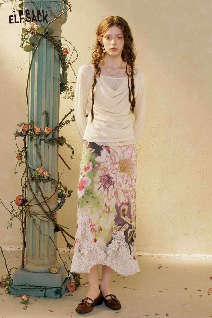 Floral Print Lace Midi Skirt