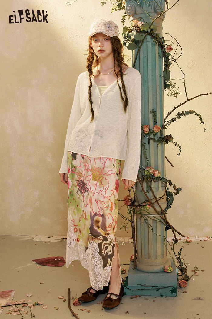 Floral Print Lace Midi Skirt