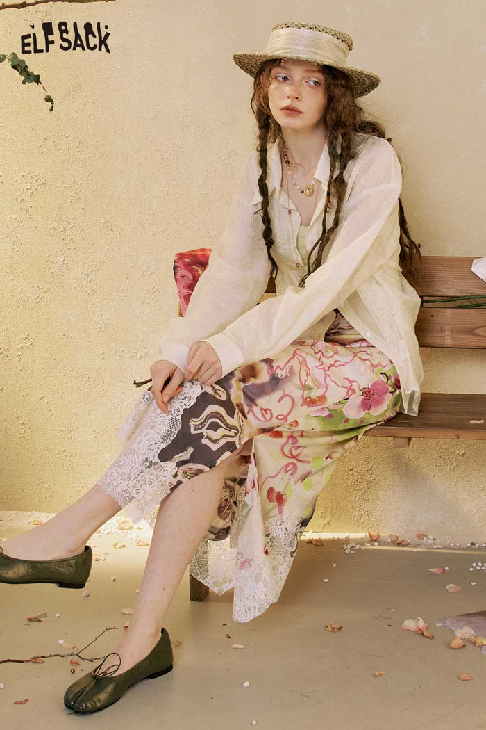 Floral Print Lace Midi Skirt