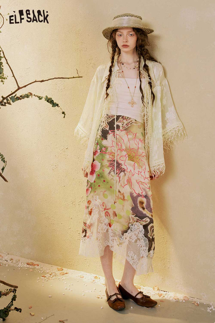 Floral Print Lace Midi Skirt
