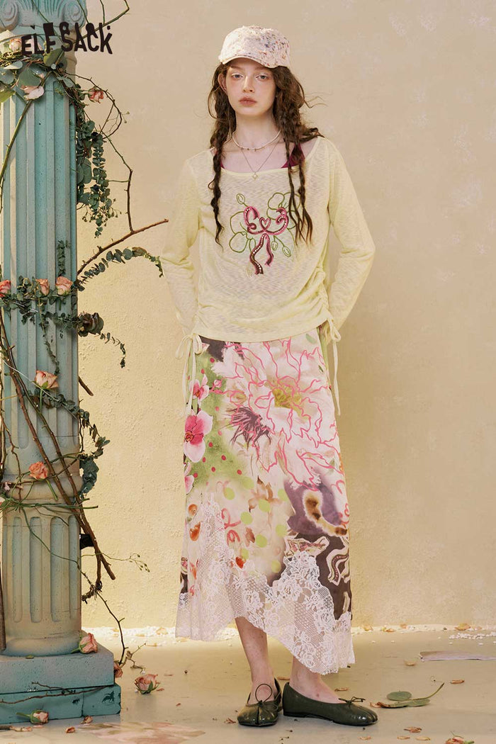 Floral Print Lace Midi Skirt