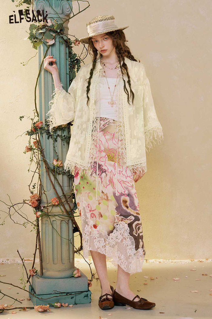 Floral Print Lace Midi Skirt