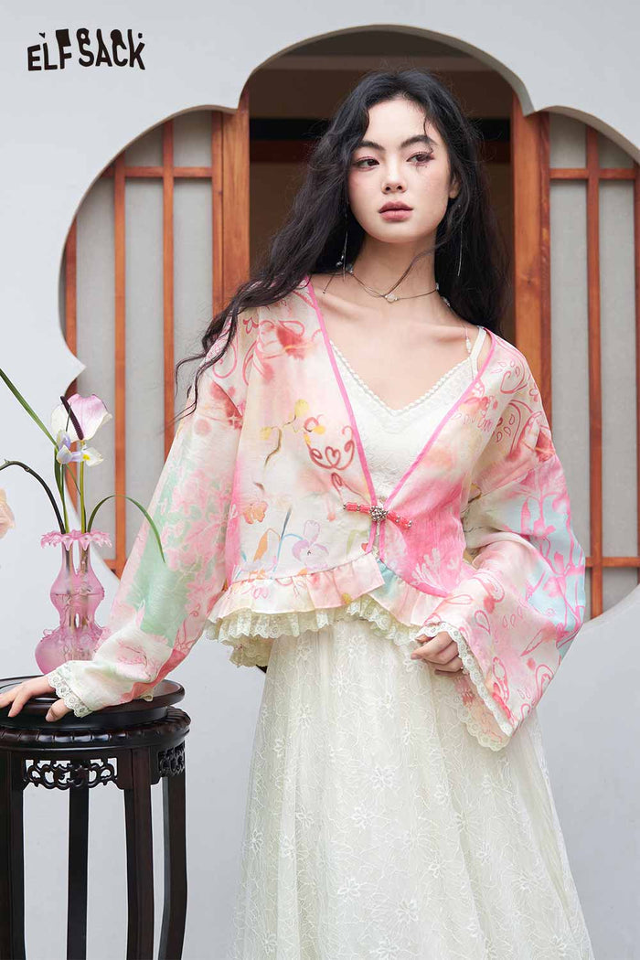 ELFSACK Floral Print Lace Trim Chiffon Cardigan