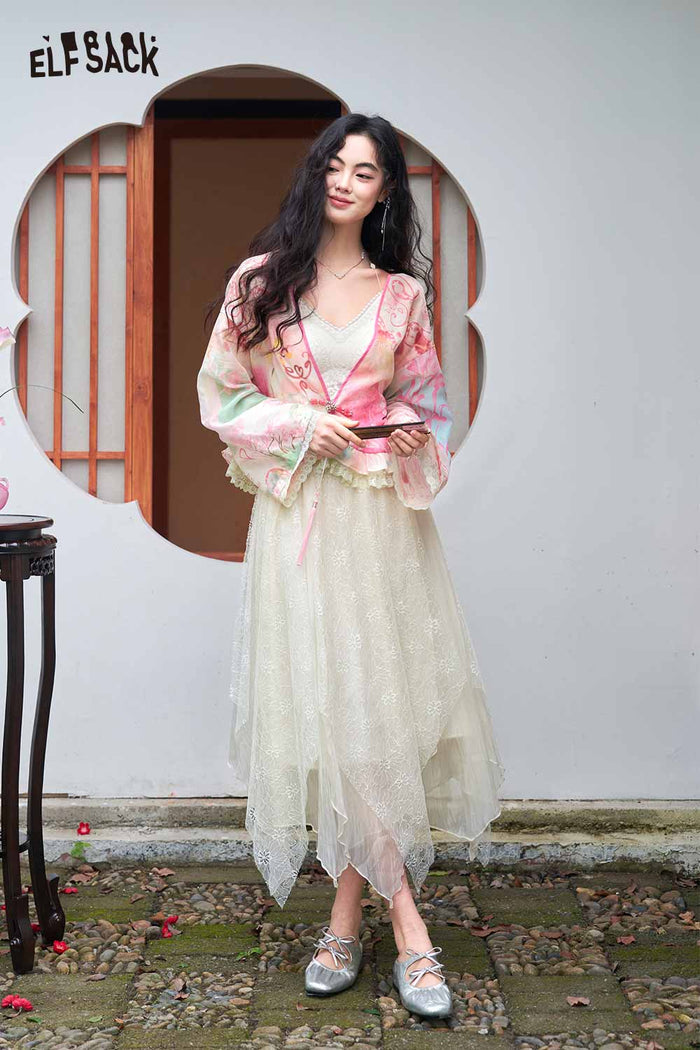 ELFSACK Floral Print Lace Trim Chiffon Cardigan