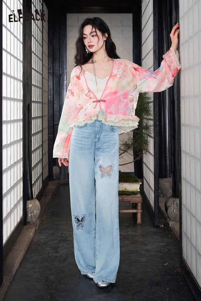ELFSACK Floral Print Lace Trim Chiffon Cardigan