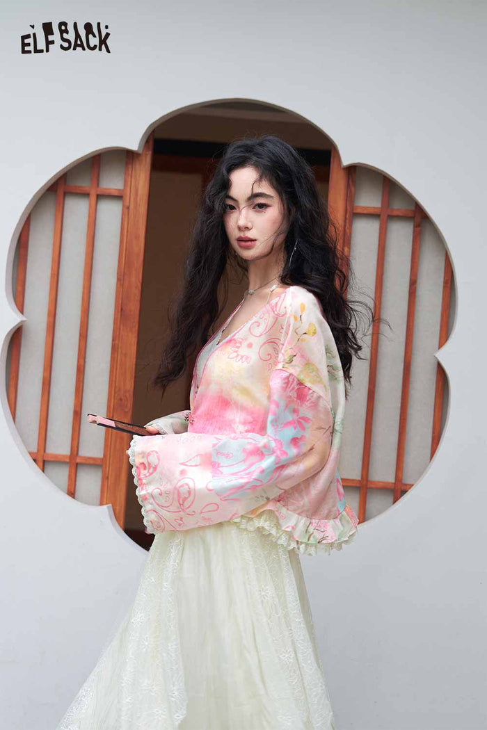 ELFSACK Floral Print Lace Trim Chiffon Cardigan