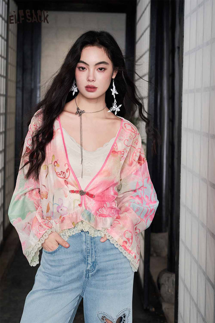 ELFSACK Floral Print Lace Trim Chiffon Cardigan