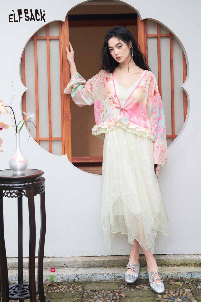 ELFSACK Floral Print Lace Trim Chiffon Cardigan