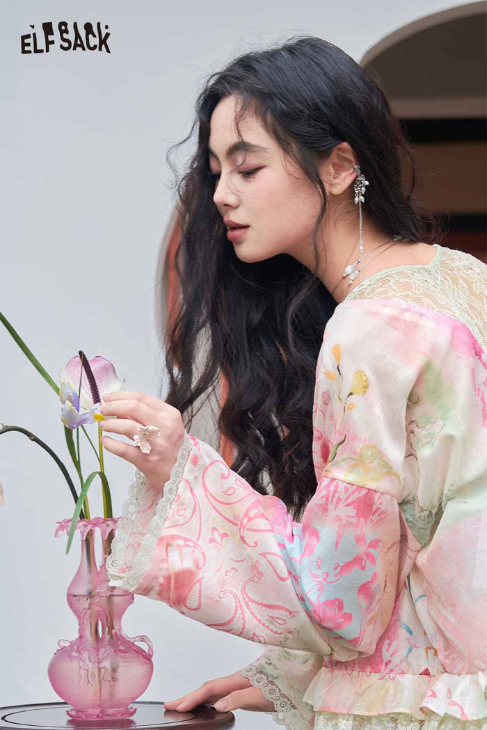 ELFSACK Floral Print Lace Trim Chiffon Cardigan