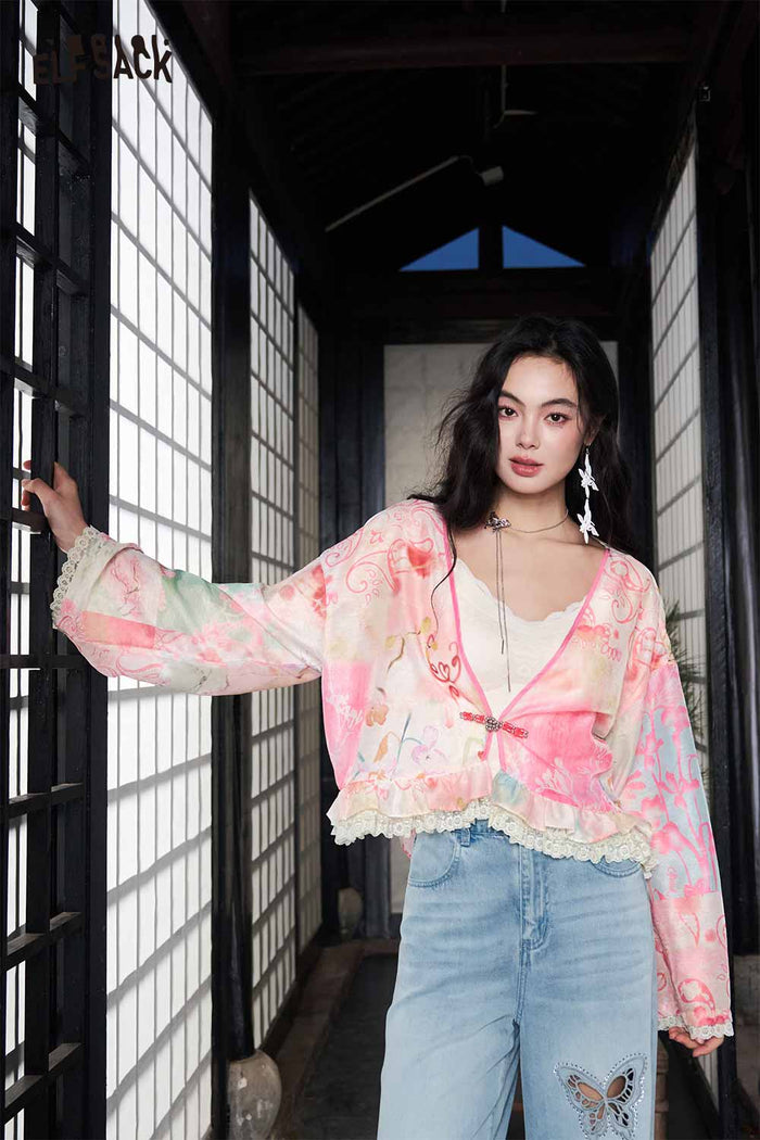 ELFSACK Floral Print Lace Trim Chiffon Cardigan