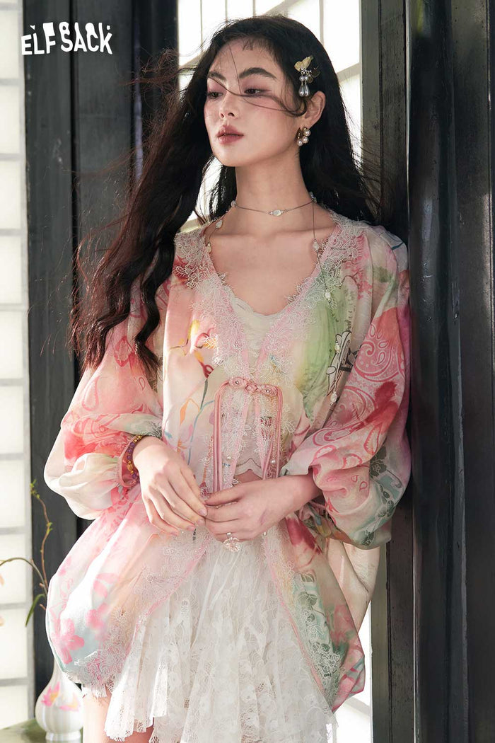 ELFSACK Floral Print Lace Trim Frog Button Blouse