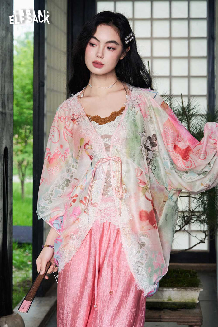 ELFSACK Floral Print Lace Trim Frog Button Blouse