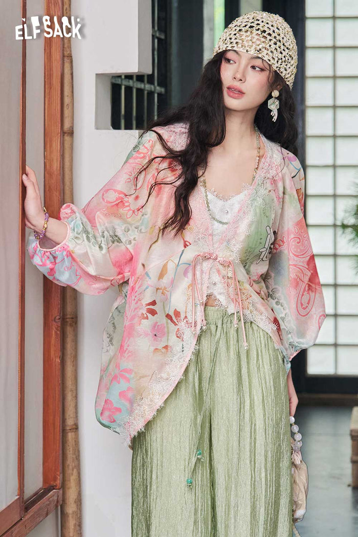 ELFSACK Floral Print Lace Trim Frog Button Blouse