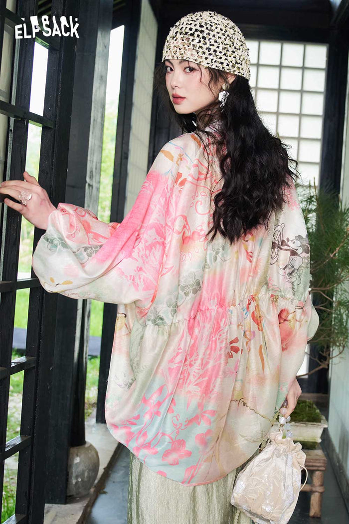 ELFSACK Floral Print Lace Trim Frog Button Blouse