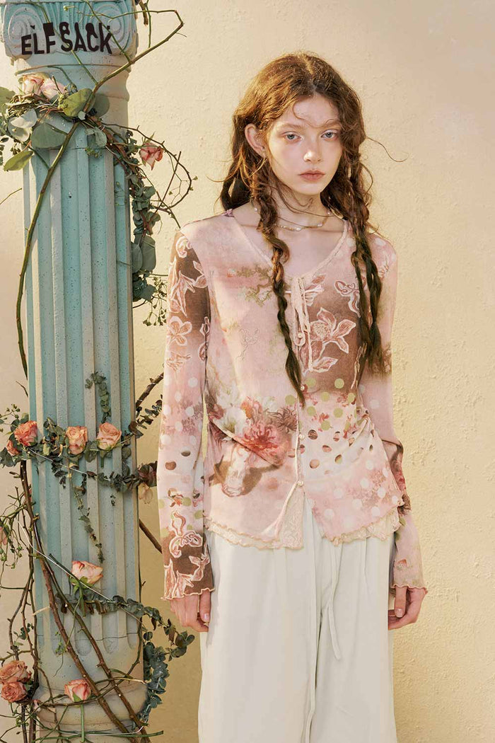 ELFSACK Floral Print Lace Trim Long Sleeve Tee