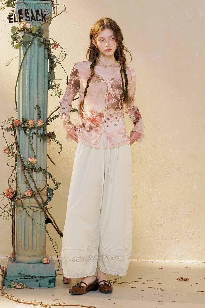 ELFSACK Floral Print Lace Trim Long Sleeve Tee