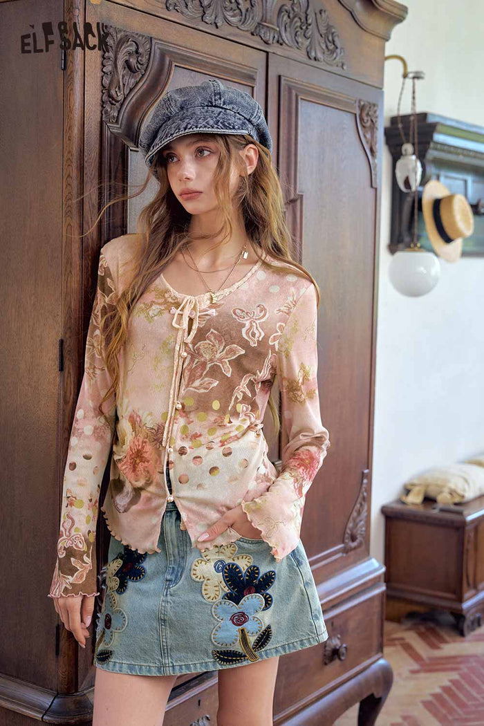 ELFSACK Floral Print Lace Trim Long Sleeve Tee