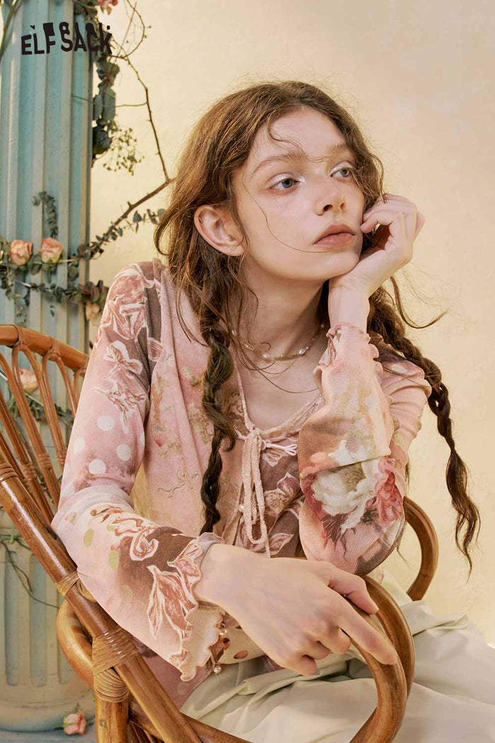 ELFSACK Floral Print Lace Trim Long Sleeve Tee