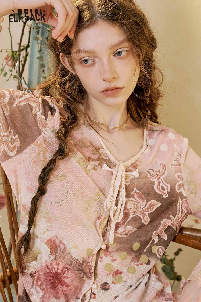 ELFSACK Floral Print Lace Trim Long Sleeve Tee