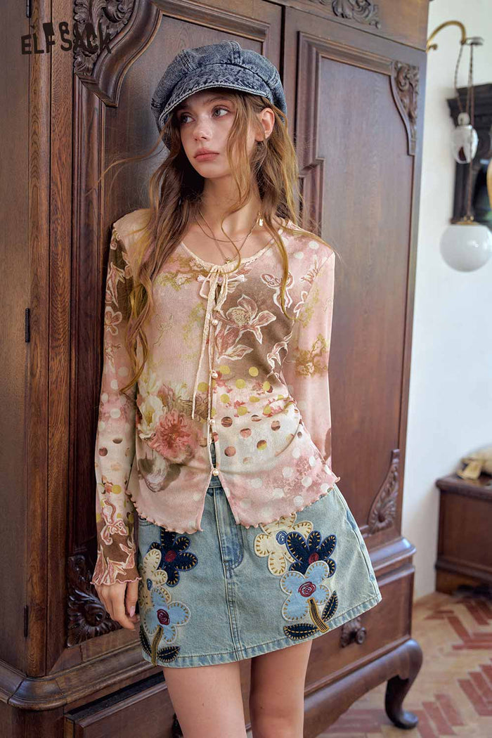 ELFSACK Floral Print Lace Trim Long Sleeve Tee