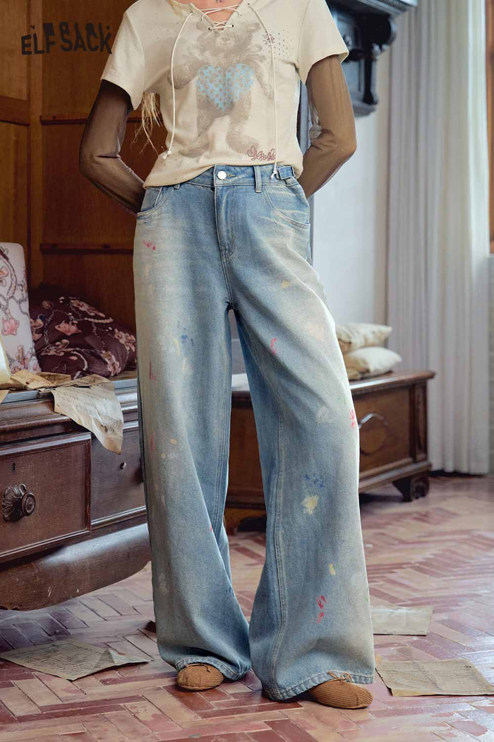Floral Print Loose Wide Leg Jeans