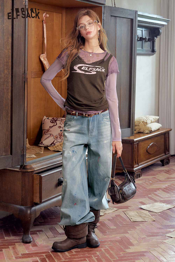 Floral Print Loose Wide Leg Jeans