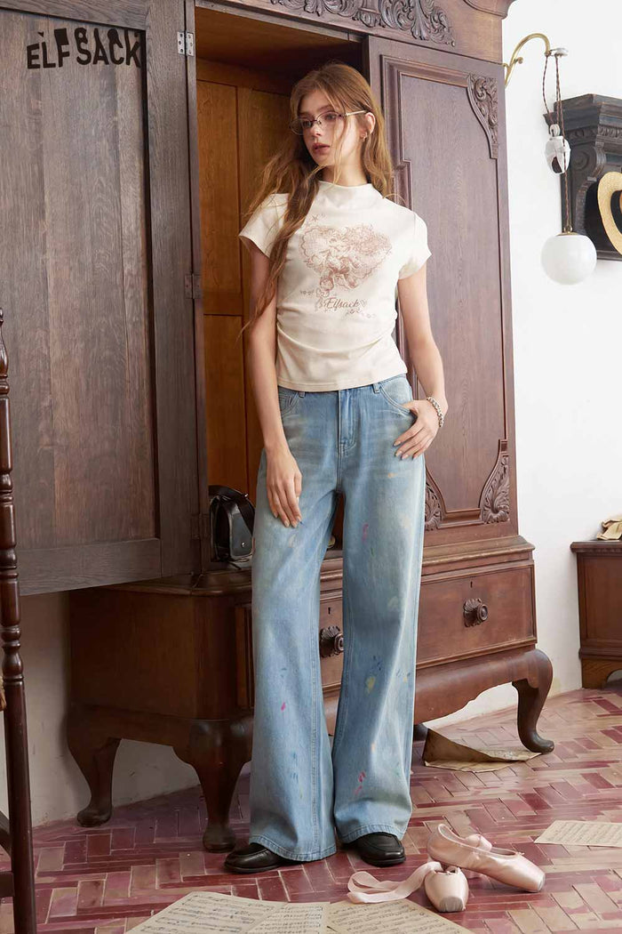 Floral Print Loose Wide Leg Jeans