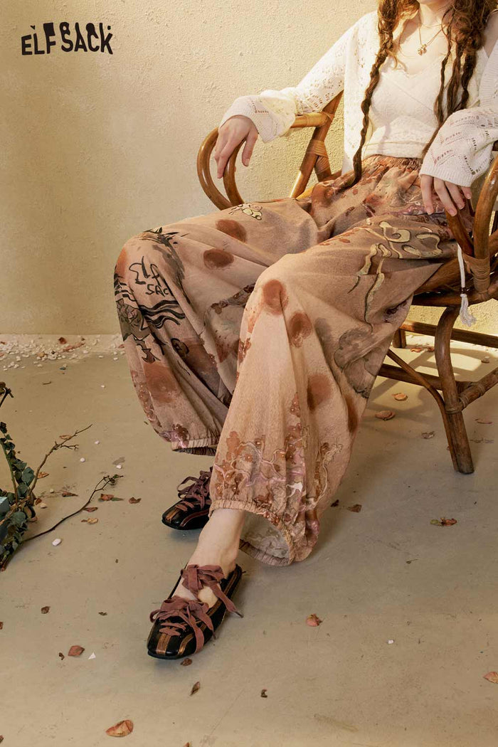 ELFSACK Floral Print Loose Wide Leg Pants